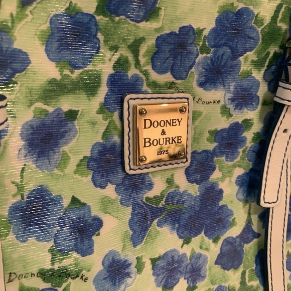 Dooney & Bourke Blue Floral Coated Canvas Tote Shoulder Bag White Trim - Picture 5 of 14